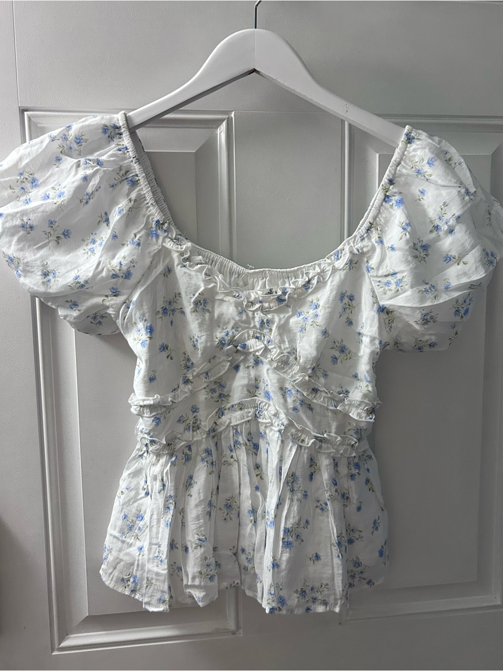 Altar'd State White Peasant Top with Light Blue Floral Print